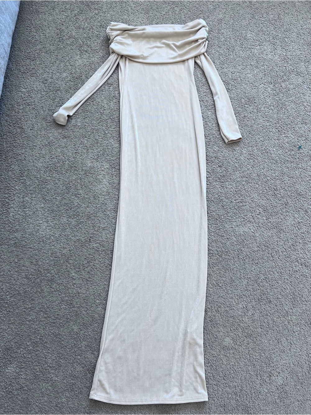 PrettyLittleThing Cream Off-Shoulder Long Sleeve Maxi Dress